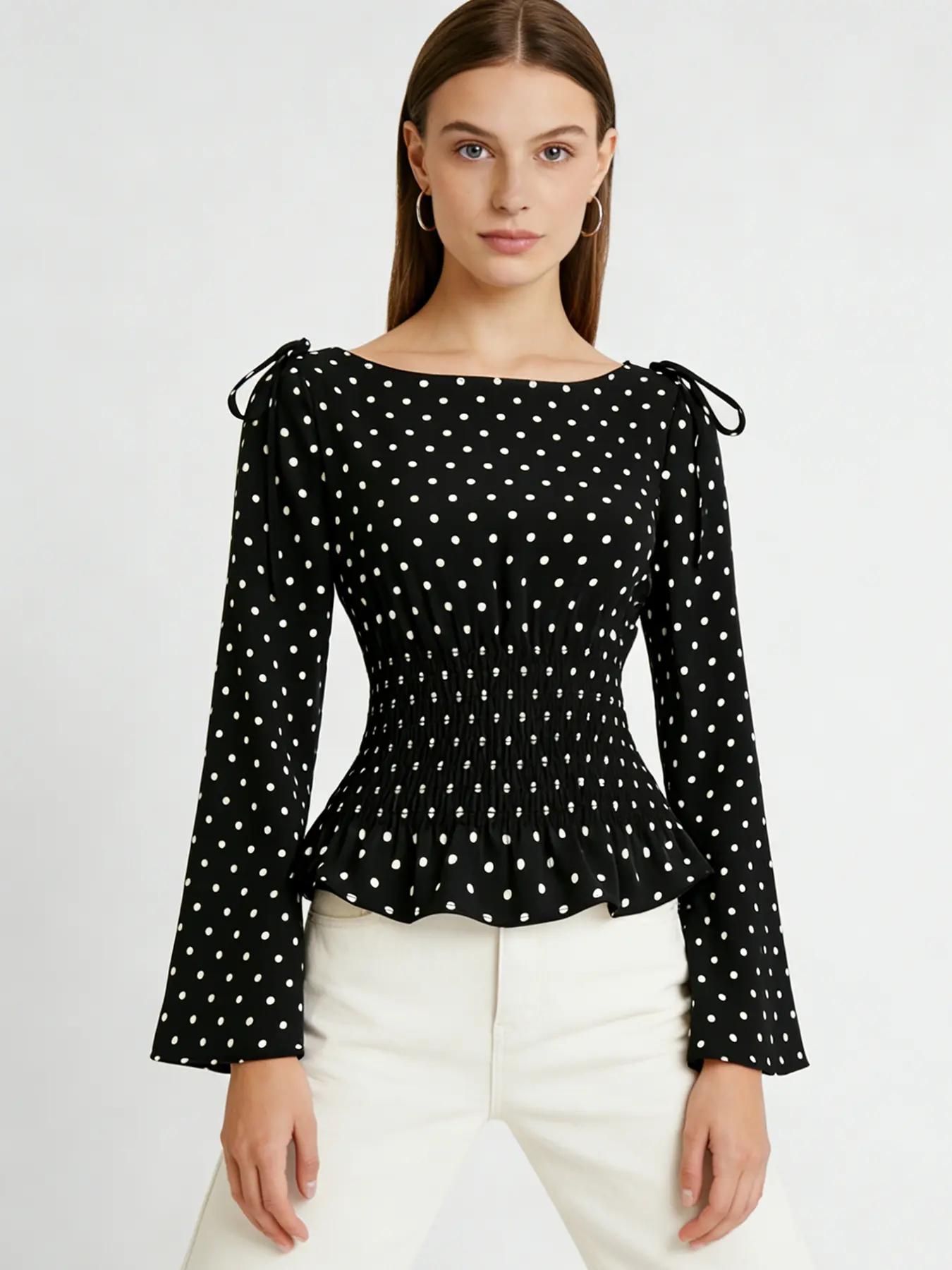 A women's black fashionable polka dot bubble sleeve waist cinching Blouse Shirts Top, with bubble sleeves adding sweetness and elastic waist cinching, suitable for commuting to work, shopping and outdoor activities, indoor and outdoor dressing Long Sleeve