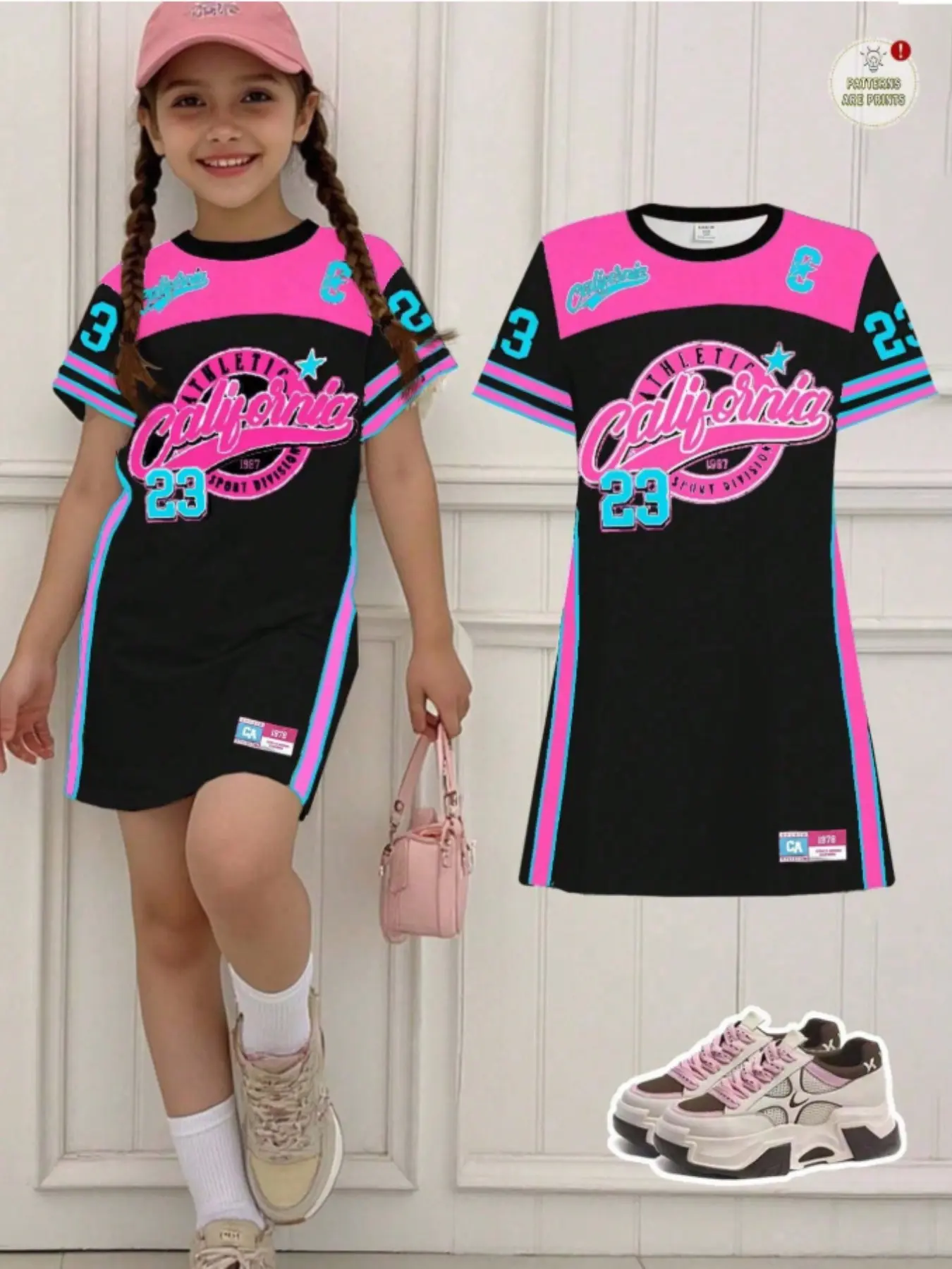 Teen Girl Casual Retro Letter and Number Badge Dress, Letter Print Dress, Sporty University Style Short Sleeve Midi Dress, Summer Cool Series, Back-To-School, Summer Printed Dress, Dresses For Summer