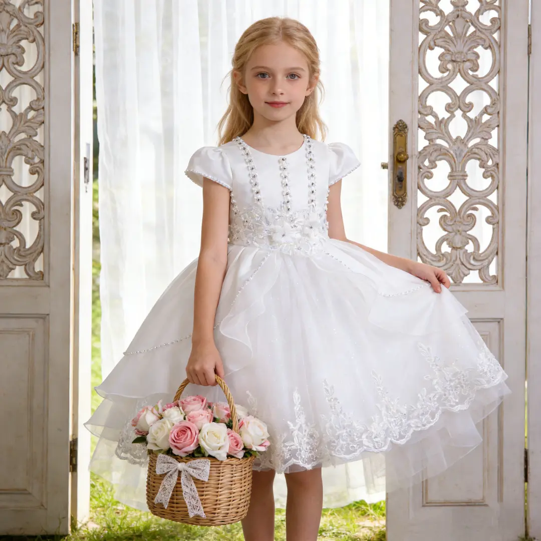 Girl's 167 Midi White Elegant Dress with Pearl Lace, Floral Embroidery, Suitable for Piano Concert, High-End Event, Birthday Party Outfits, Midi Length