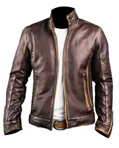 MotorCycleJackets Men’s Cafe Racer Distressed Leather Jacket