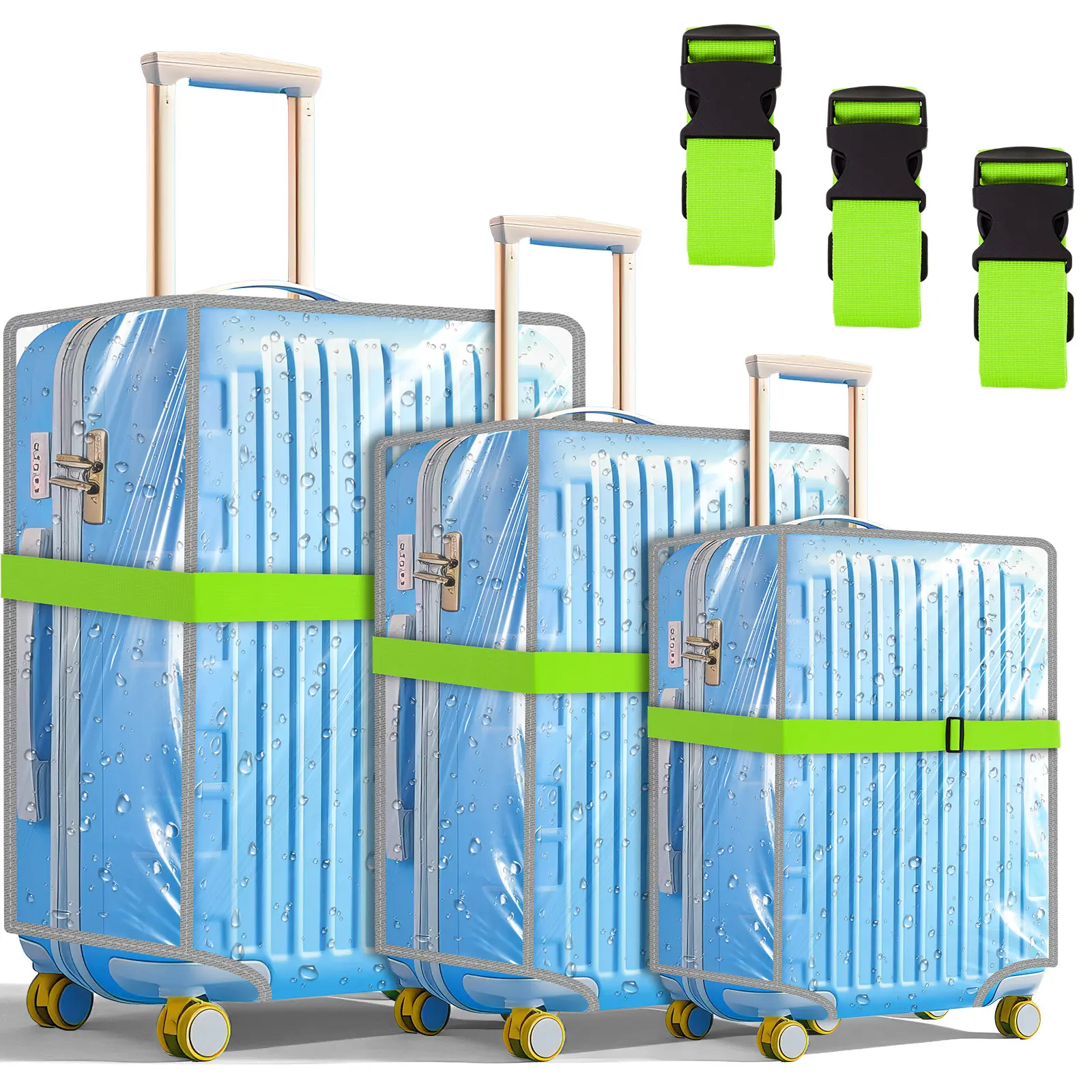 Transparent Waterproof PVC Luggage Cover Set - 3 Pcs with Removable Adjustable Straps, Home Care Dust Cover Travel Accessory, Fits 20/24/28" Suitcases