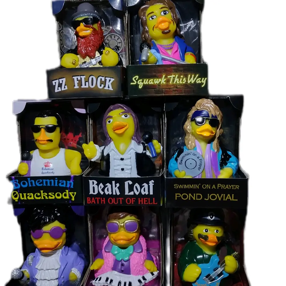 Celebriducks Rubber Ducks Men of Rock  5.5 inch tall ducks.  Bohemian Quacksody, Patos Suntana, ZZ Flock, Quack-o-Dile Rock, Paddle Like it's 1999, Pond Jovial, Squawk this Way, Beak Loaf.