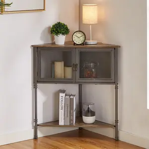 VECELO Corner Cabine 3-Tier Shelf Small Floor Corner Cabinet with Doors Free-Standing Storage Organizer for Small Space Living Room Bedroom Kitchen