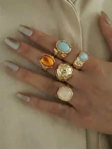 Women's Moonstone Ring Set, Irregular Wide Band Design, Fashionable Street Style Jewelry, Unique Gemstone Rings for Women