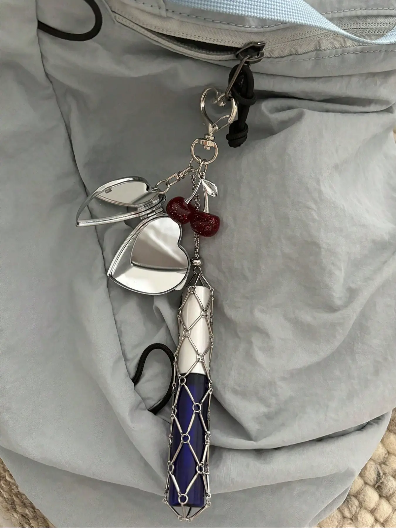 Metal Lipstick Holder Bag Charm With Replaceable& Stainless Steel Net Pocket, Cherry Decor Lipstick Case Keychain With Mini Heart Shape Mirror, Bag Pendant For Handbags & Purses, Gift Keychain