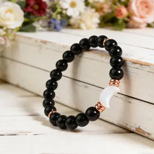 Moon Phase Lunar Energy Black Tourmaline Healing Crystal Beaded Pearl Crescent Charm Bracelet