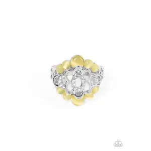 Eden Equinox - Yellow Cat's Eye Flower Silver Ring - Paparazzi