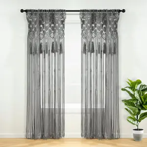 Lush Decor Boho Macrame Tassel Cotton Single Window Curtain - Sold Individually - 40"W x 84"L Hand Woven Tassels Room Divider Wall Art Neutral Colors Interior Decoration Accessories