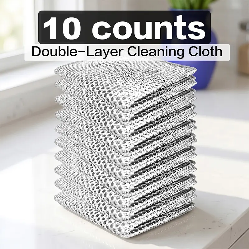 10-Count Stainless Steel Dish Scrubbers, Thick Durable Reusable Pad/Scrubber Set with Removable Washable Tencel & Synthetic Scratch-Free Sponges for Pots, Pans, Cleaning Dishes