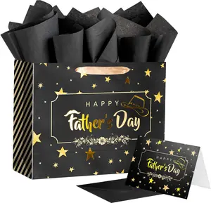 Black and Gold Father's Day Gift Bag with Tissue Paper and Card - Office Stationery Gift for Dad, Husband