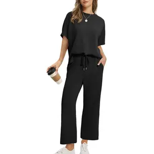Two Piece Sets for Women Summer Outfits Oversized Wide Leg Crop Pants Lounge Sets Airport Beach Vacation Clothes