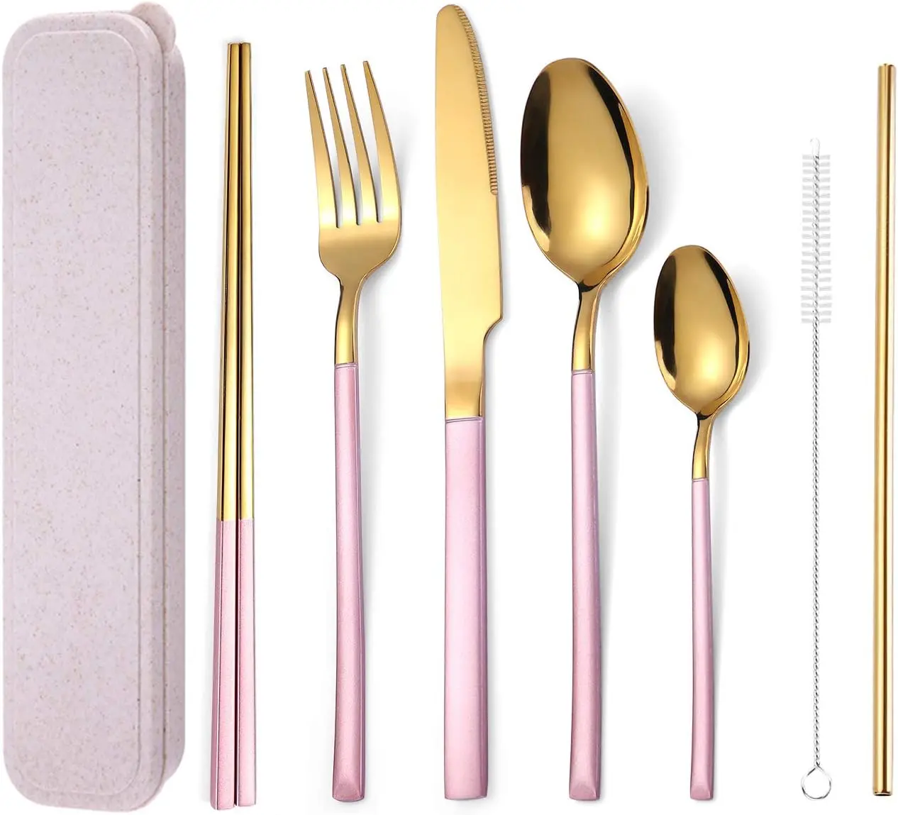 NOVATECX 7 Pieces Stainless Steel Flatware Set Portable Reusable Cutlery Set Travel Utensils Set Including Chopsticks Knife Fork Spoon Straws Cleaning Brush Dishwasher Safe (Pink Golden)