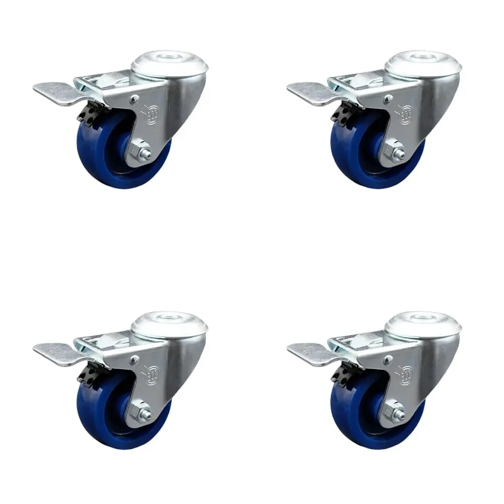 212 MAIN Swivel Castor Set of 4 (SCC-SSBHTTL20S314-SPUS-4) - Stainless Steel Bolt Hole Caster, 3x1.25 in. Blue Solid Polyurethane Wheel, Lockable Wheels, Total Lock Brake