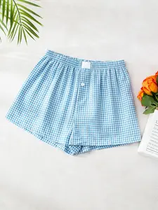 Women's Sporty Shorts Set, Casual Summer Sleepwear, Loose Fit Plaid Beach Pants, Comfortable Lounge Wear, 1 Piece Suit