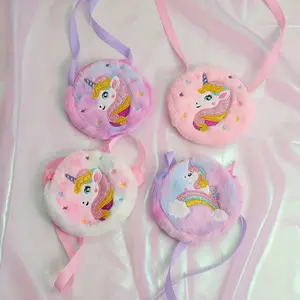 Cartoon Unicorn Round Shoulder Bag for Girls, Kindergarten Crossbody Bag, Cute Plush Coin Purse, Kids School Backpack, Toddler Bag