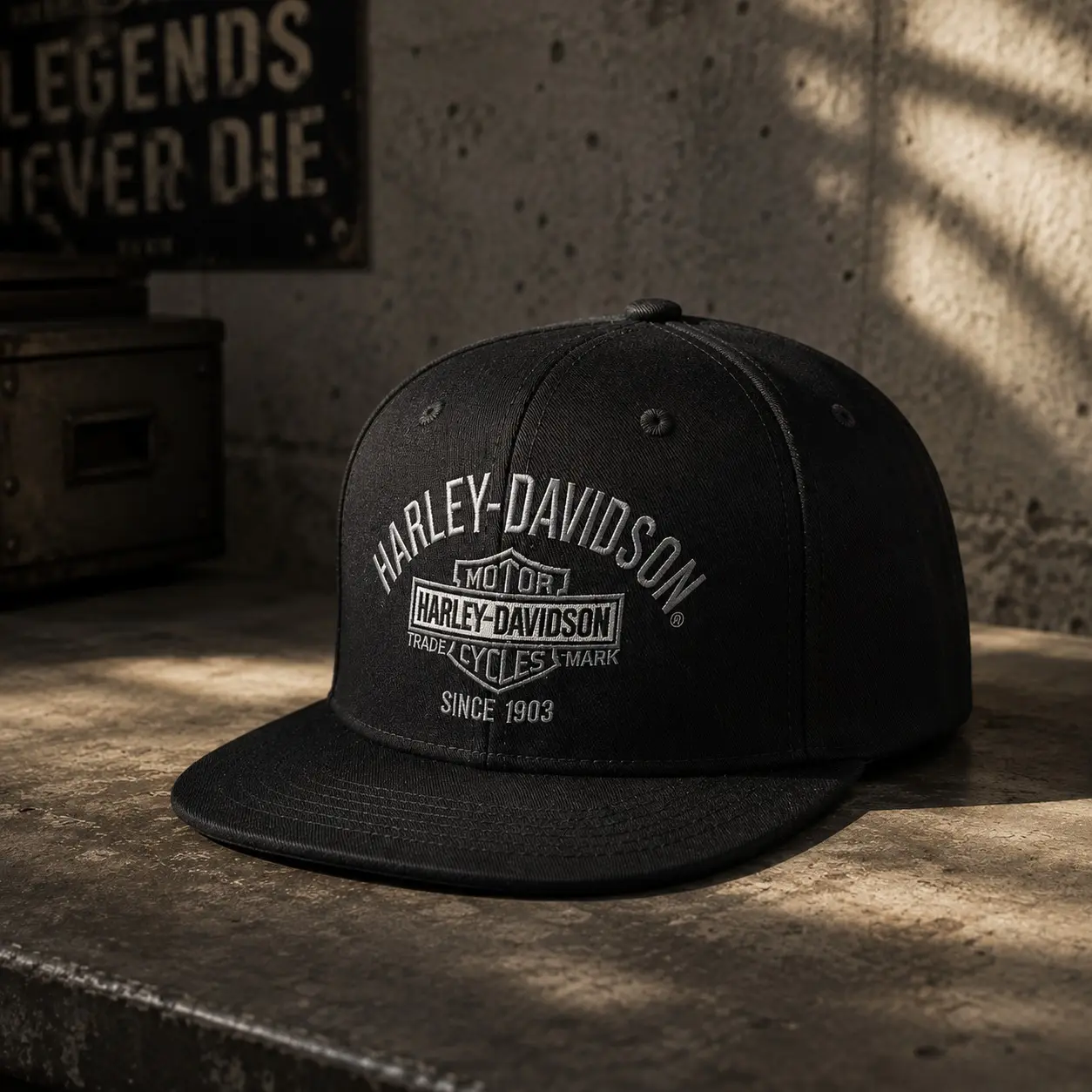 Harley-Inspired Embroidered Snapback Hat, Flat Bill Adjustable Trucker Cap, Vintage Motorcycle Streetwear Hat for Men & Women