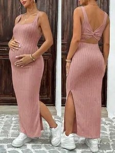 ROSY x  Maternity Solid Color Casual Ribbed Open Back Sleeveless Dress