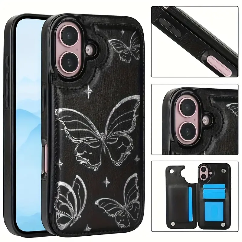 Featuring a silver-white butterfly design, this durable TPU card slot includes a card slot and offers various functionalities suitable for bank and transit cards. Compatible with iPhone 17, 16, 15, 14, 13, 12, and Samsung models.