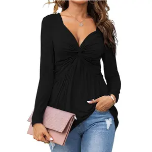 PiePieBuy Women's V-Neck Front Knotted Blouse Shirt Long Sleeve Elegant Casual T-Shirt Solid Color Pullover Tops Vneck Basic High-Quality Fabric