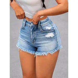 Women's Mid-Rise Gradient Washed Distressed Ripped Denim Shorts - Frayed Raw Hem, Stretch, Y2K Streetwear Summer Hot Pants