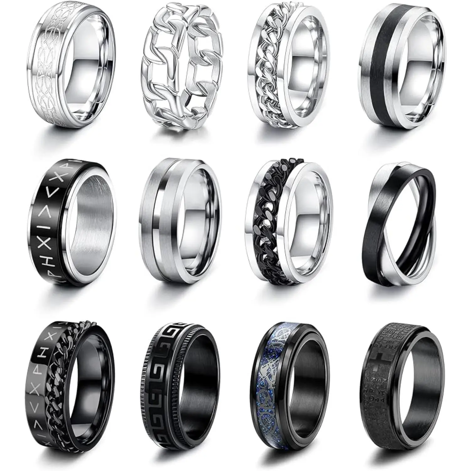 CASSIECA Unisex Stainless Steel Anxiety Spinner Statement Multi Ring Set, Fidget Spinning Chain Design, Black Fashion Jewelry, Stress Relief Accessories, Ideal Valentine's Day Gift