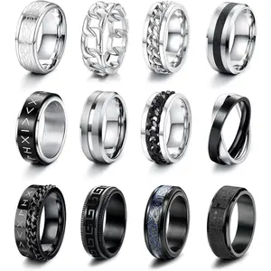 Cassieca Stainless Steel Band Rings for Men Women Fidget Spinning Chain Ring Fidget Rng for Men Fashion Simple Wedding Black Ring Set Valentine's Day gift