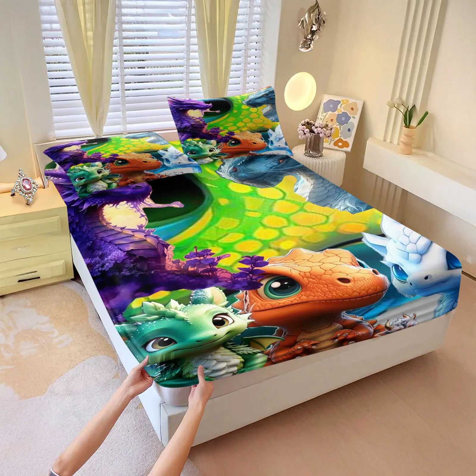 Dragon Print Pattern Bed Sheet Set, 1 Bed Sheet With 2 Pillowcases (Excluding Pillow Core), Suitable For Bedrooms, Dormitories, And Guest Rooms For Teenagers And Adults, And Suitable As a Gift