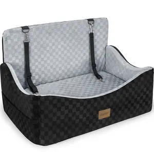 Dog Car Seat for Medium/Large Dogs - Reversible Dual-Sided Travel Dog Car Bed with Memory Foam, Washable Pet Booster Seat for Dogs up to 55 lbs or 2 Small Dogs, 2 Safety Leashes，Grey