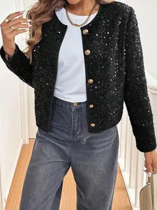 Women's Fashion Fitted Jacket with Sequins & Buttons, Elegant Chic Spring Outerwear for Casual Wear, Stylish Women's Clothing for All Seasons