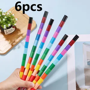 6pcs Building Block Crayons, 12 Colors Multi-Section, Student Art Drawing Crayons, Plastic Colorful Crayons for Kids, Student Painting Supplies, Artist Supplies