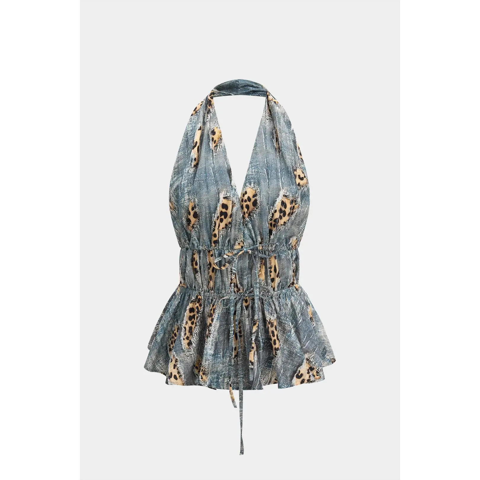 Retro Leopard Print Backless Tie-Up Ruched Drawstring Cami Top