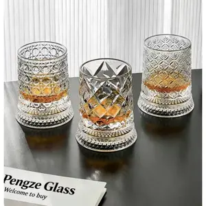 Vintage Engraved Crystal Drinking Glasses, Unique Textured Glass Cups with Heavy Base, Elegant Old Fashioned Glassware