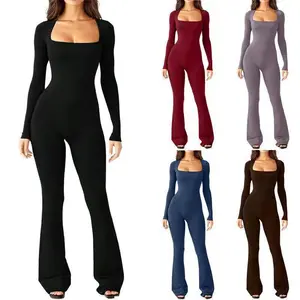 LongSleeveBellyWaistShapingandHipLiftSquareCollarWideLegHighElasticJumpsuit