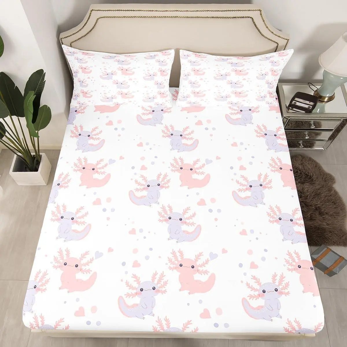 Axolotl Bedding Set,Cute Axolotl Bed Sheet Kawaii Pet Wildlife Animals Fitted Sheet for Kids Boys Girls Cartoon Pet Reptile Fitted Bed Sheets Bedroom Decor,Purple Pink White