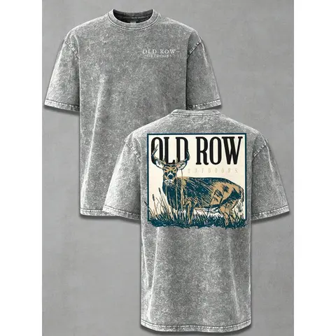 Men's Vintage Washed Deer Hunting Graphic T-Shirt, 100% Cotton Outdoor Tee, Retro Wilderness Style Short Sleeve Shirt for Hunting, Camping, Hiking & Casual Streetwear