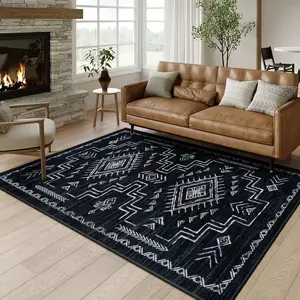 Moroccan Area Rugs Tribal Boys Neutral Rug for Living Room, Soft Non-Slip Stain Resistant Large Carpet for Bedroom Dining Table Office Black
