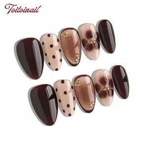 Mocha Dot Handmade Press-On Nails, Fake Nails | Medium Almond Shape, 10pcs | Warm Mocha Brown Marble & Polka Dot Design | Dark Brown Color Block & Gold Bead Accents | Reusable DIY Set for Women | Trendy Nails, Nail Tips Art for Daily Wear