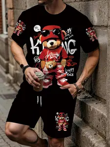 KING Trendy Cool Bear 3D Digital Print Two-Piece Set, 2Pcs, Stylish Fashion Set, menswear, Trendy Retro Casual Two-Piece Set, Vacation Style Trendy Outfit, Breathable Sports Casual Style, round neck, Perfect Holiday Gift for Men, Clothes, Outfit Sets