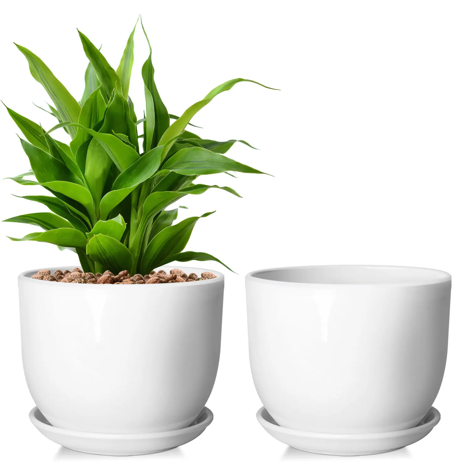Plain White Ceramic Flower Pots & Planters (2 Pack, 6.7 in Diameter, 7 in Diameter) - Floor Standing Indoor Outdoor Planters with Drainage Holes and Saucers for Home Decor Gardens