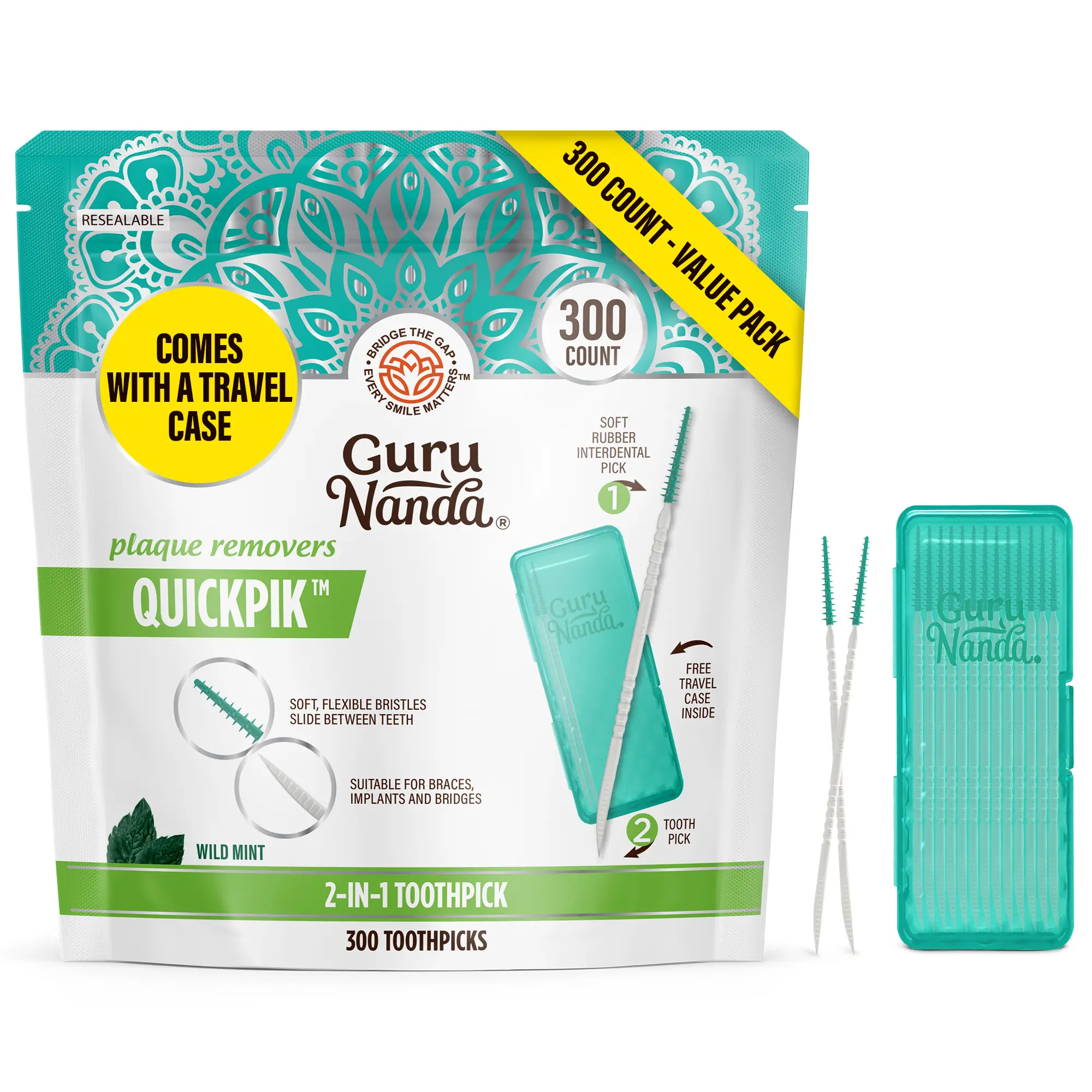 GuruNanda 2-in-1 QuickPik Toothpick with Interdental Pick- 300 Count - Plaque Removers - Travel Case Floss GuruNanda 2-in-1 QuickPik Toothpick with Interdental Pick- 300 Count - Plaque Removers - Travel Case Floss