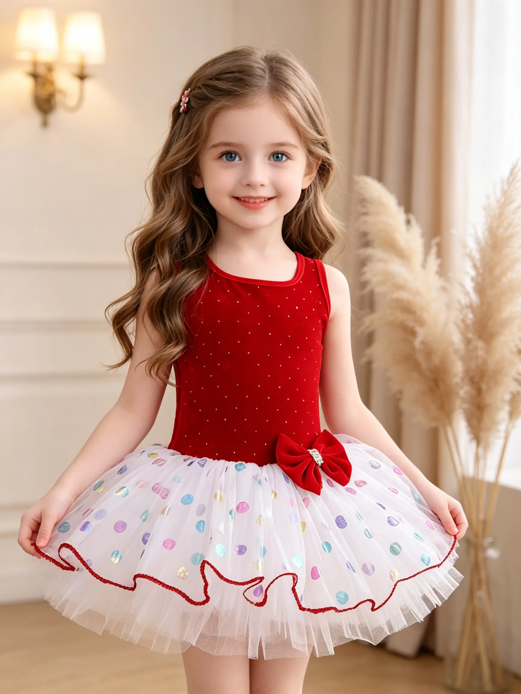 Little Girls' 3-Piece Sleeveless Sparkly Ballet Leotard Tutu Dress, Colorful Dot Mesh Skirt, Large Rhinestone Bow Decoration, Multiple Colors for Dance Recital Dress-Up kids clothing girls