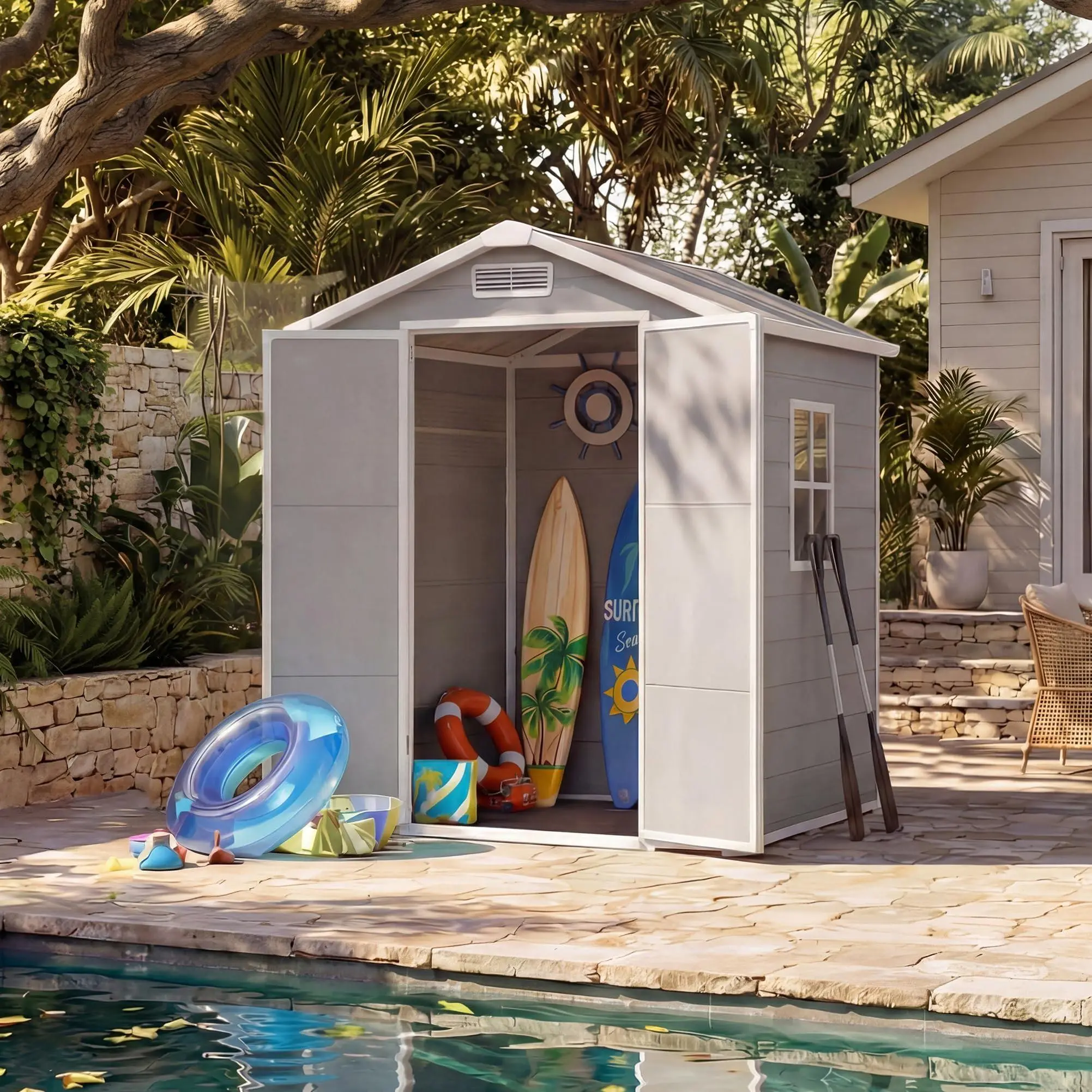 Durable 6×4 FT Plastic Outdoor Storage Shed with Floor Base, Waterproof Lockable Design, Sloped Roof & Side Window, Weatherproof Garden Organizer for Patio Tools, Bikes and Lawn Equipment, Light Gray
