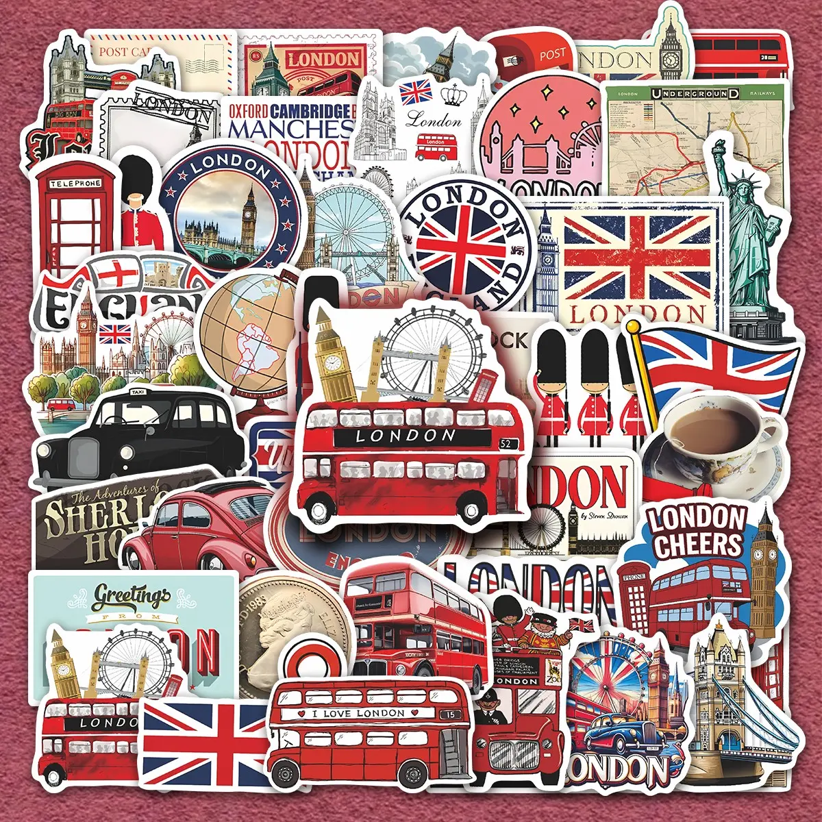 56Pcs London UK Stickers Pack, Waterproof British Landmark & Vintage Travel Vinyl Decals for Laptop, Water Bottle, Journal & Scrapbook, UK Traveler Gift