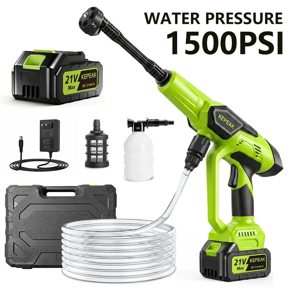 KEPEAK 1500PSI Portable 21V Cordless Power Washer with 13000mAh Battery, 200W High Pressure Water Cleaner, 6-in-1 Adjustable Nozzle & Foam Bottle, Gift Idea