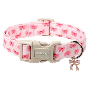 DOGWONG Cute Pink Bow Dog Collar, Soft Cotton Collar with Quick-Release Buckle for Small Medium Large Dog Sizes