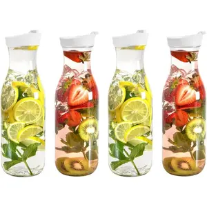 Plastic Pitcher With Lid (4-Pack 50oz) Round Plastic Beverage Dispenser for Water, Milk, & Lemonade - Water Pitchers, Carafes for Mimosa Bar - Clear Drink Dispenser  - HAND-WASH ONLY