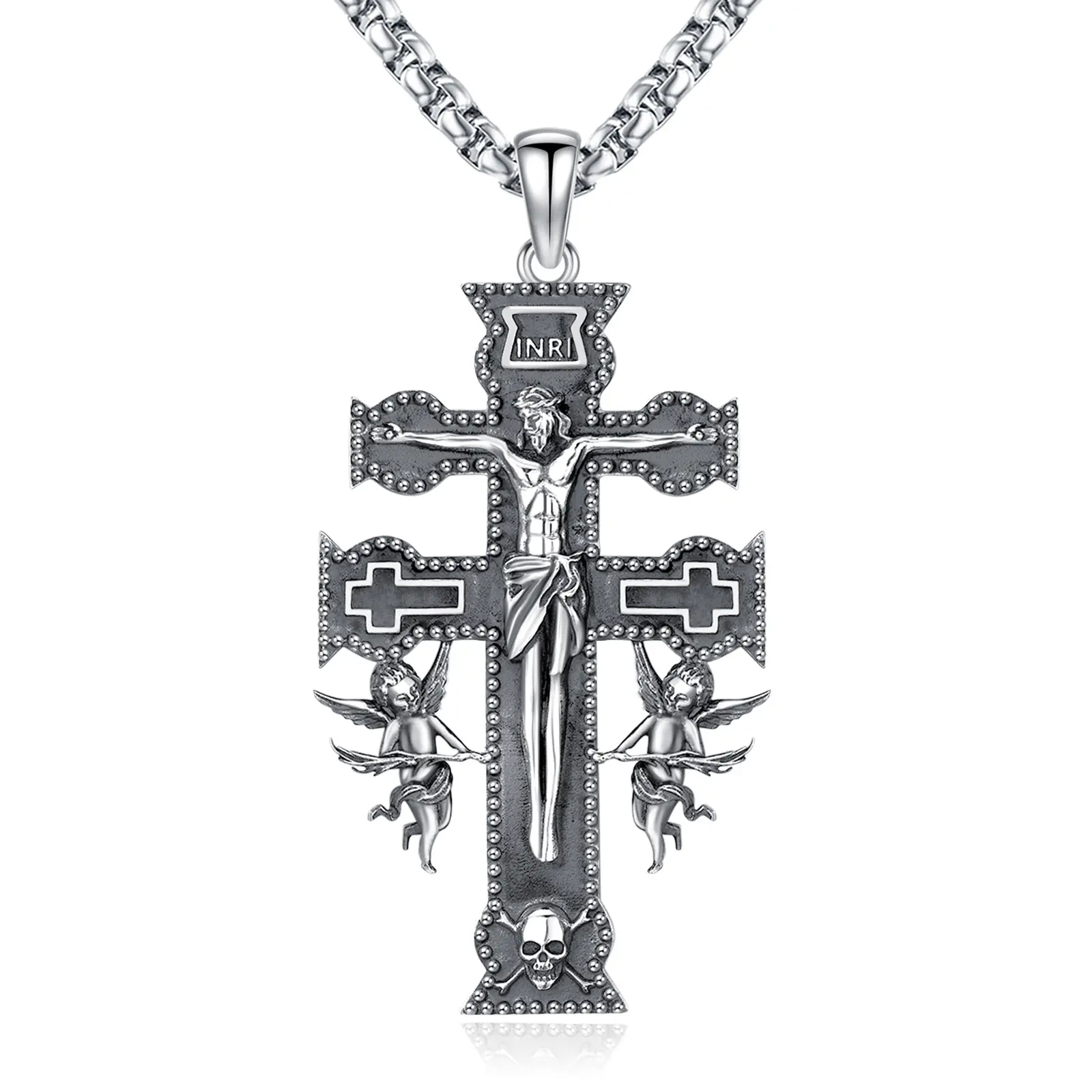 DRINSPER 925 Sterling Silver Caravaca Cross Crucifix Pendant Necklace - Unisex Faith Cross, Extended Steel Box Chain, Tarnish-Free Silver Jewelry Gift for Birthday W/ Jewelry Cleaning Cloth, Faith Cross Necklace, Sterling 925 Tarnish-Free Silver Necklaces