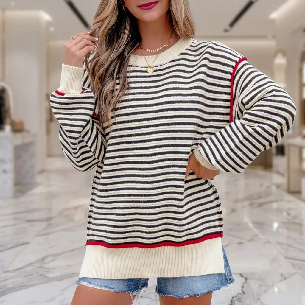 PHEFEE Women's Oversized Striped Knit Sweater Crewneck Long Sleeve Side Split Pullover Top Casual Fall Winter Jumper Trimmed Sweaters