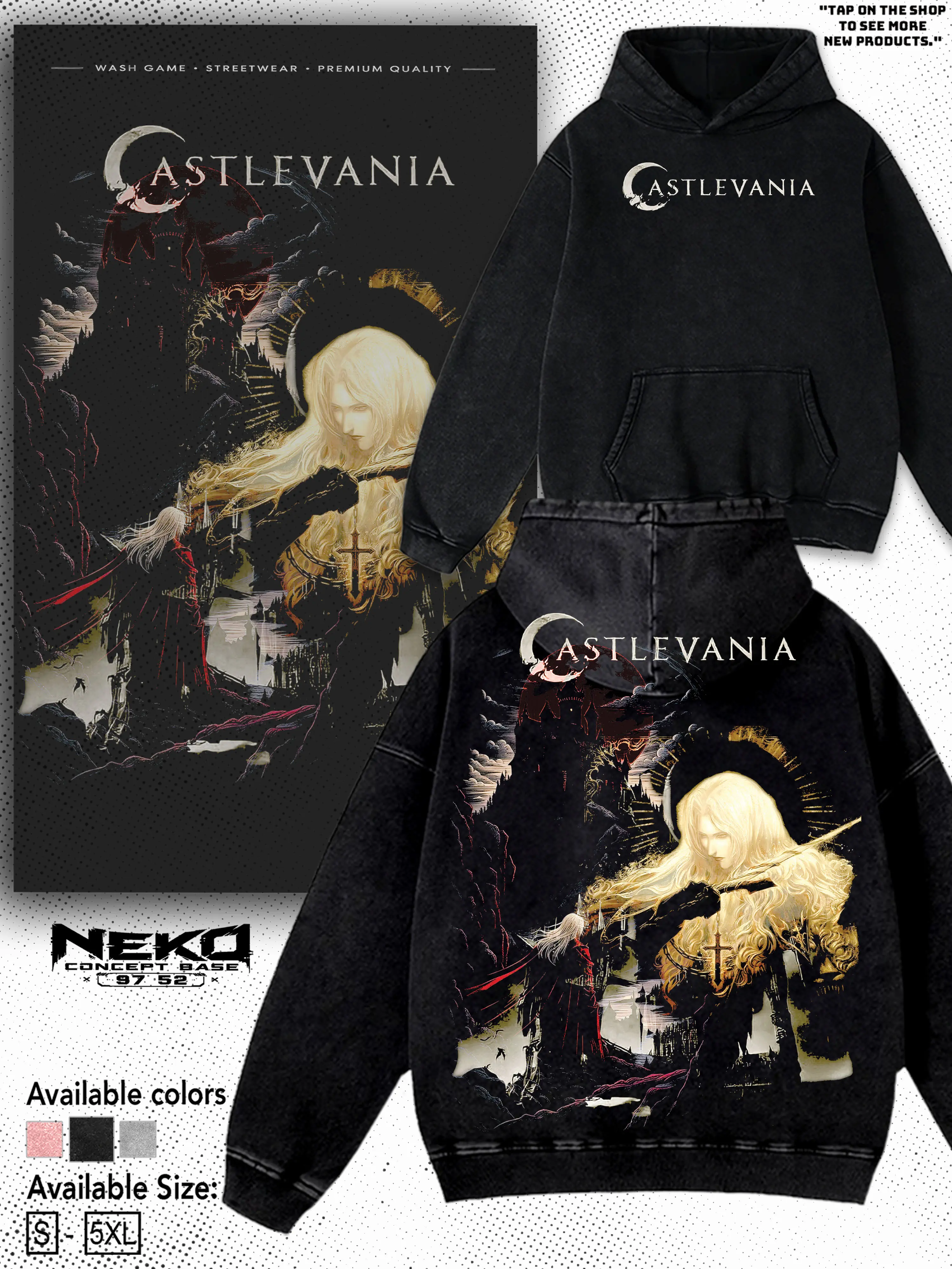 Alucard Castlevania Vintage Graphic Hoodie&Tee, Dark Gothic Anime Oversized T-shirt, Premium Washed Heavyweight Cotton Tshirt, Retro Vampire Merch 90s, Gift for Castlevania Fan Classic Menswear Top Prints Seamless Smooth Sweatshirts Black
