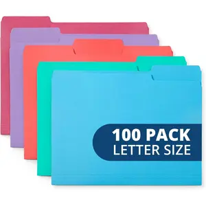100  Colored File Folders Letter Size 1/3 Cut Tabs - Pastel File Folders, Colorful File Folders Multicolor, Durable 11pt Paper
